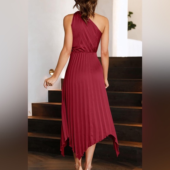 PRETTYGARDEN Long Satin Dress One Shoulder Sleeveless Ruched Twist Flowy Maxi - Picture 3 of 14